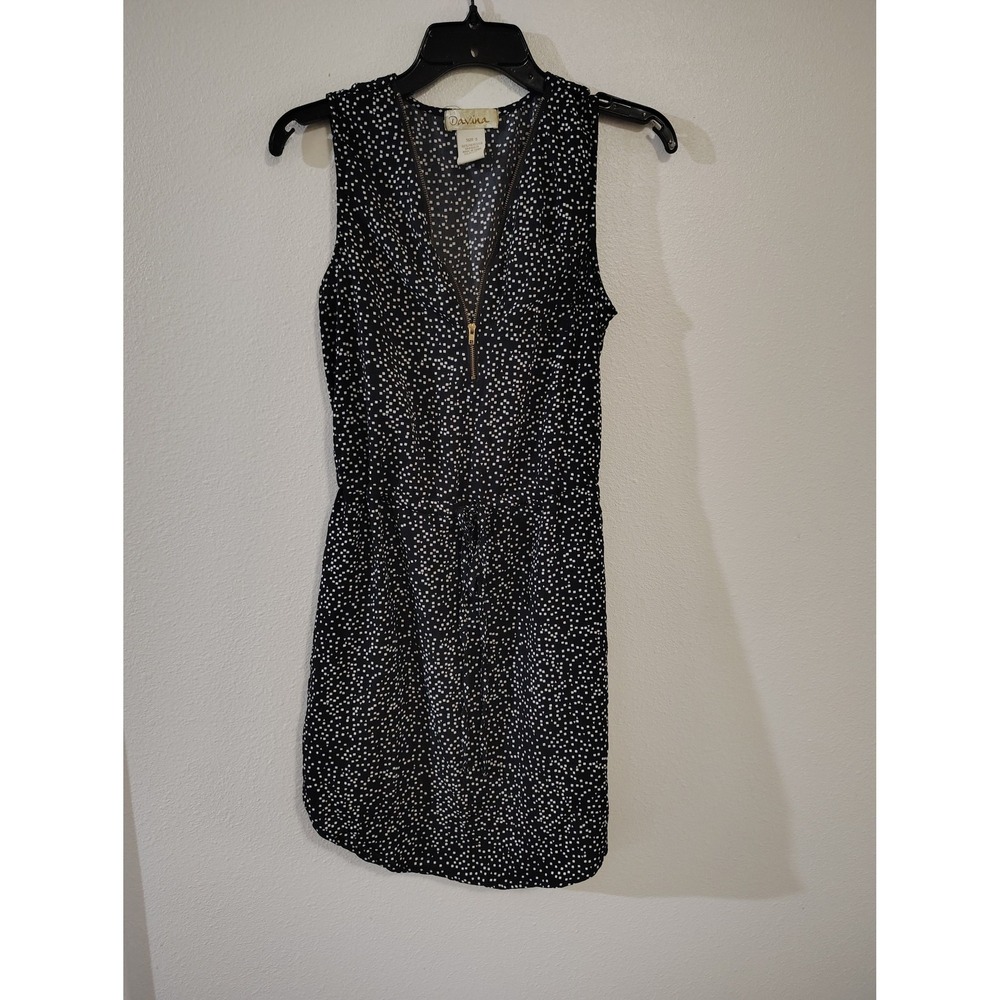 Davina Women Black White Polka Dot Sleeveless Zip Front Mini Dress‎ Size S
